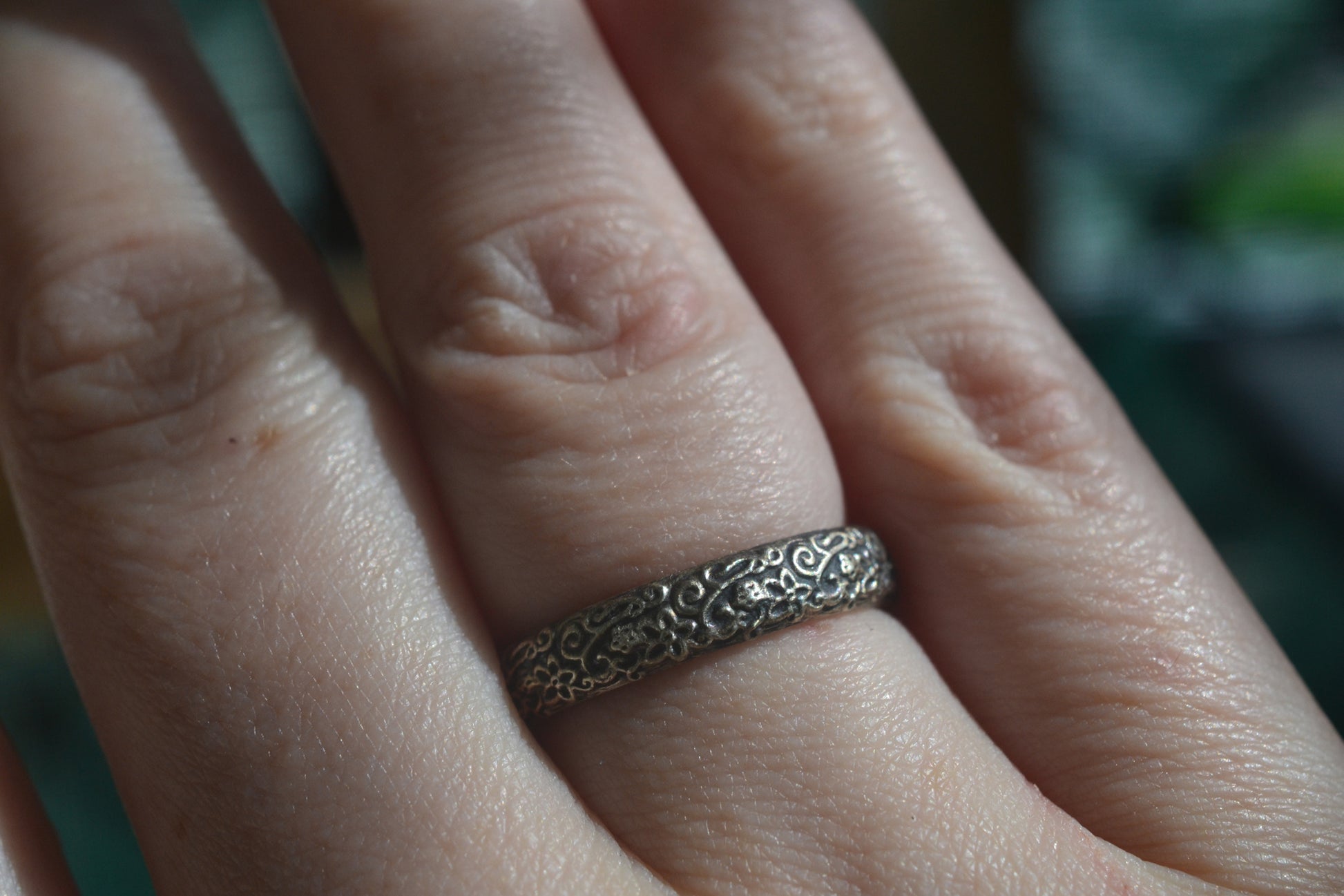 Flower Patterned Ring in Oxidised Sterling Silver