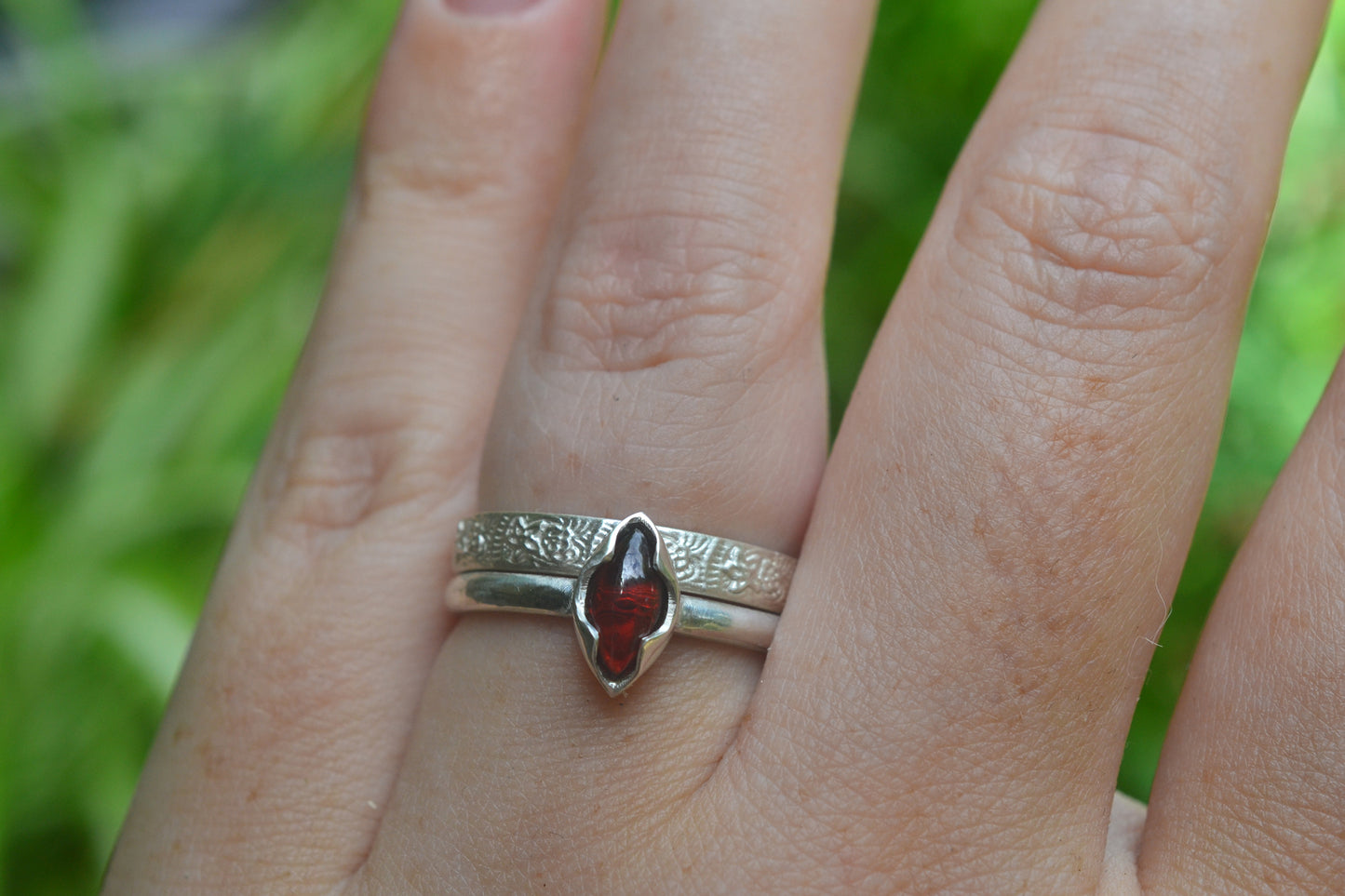 Garnet & Flower Stacking Ring Set in Silver