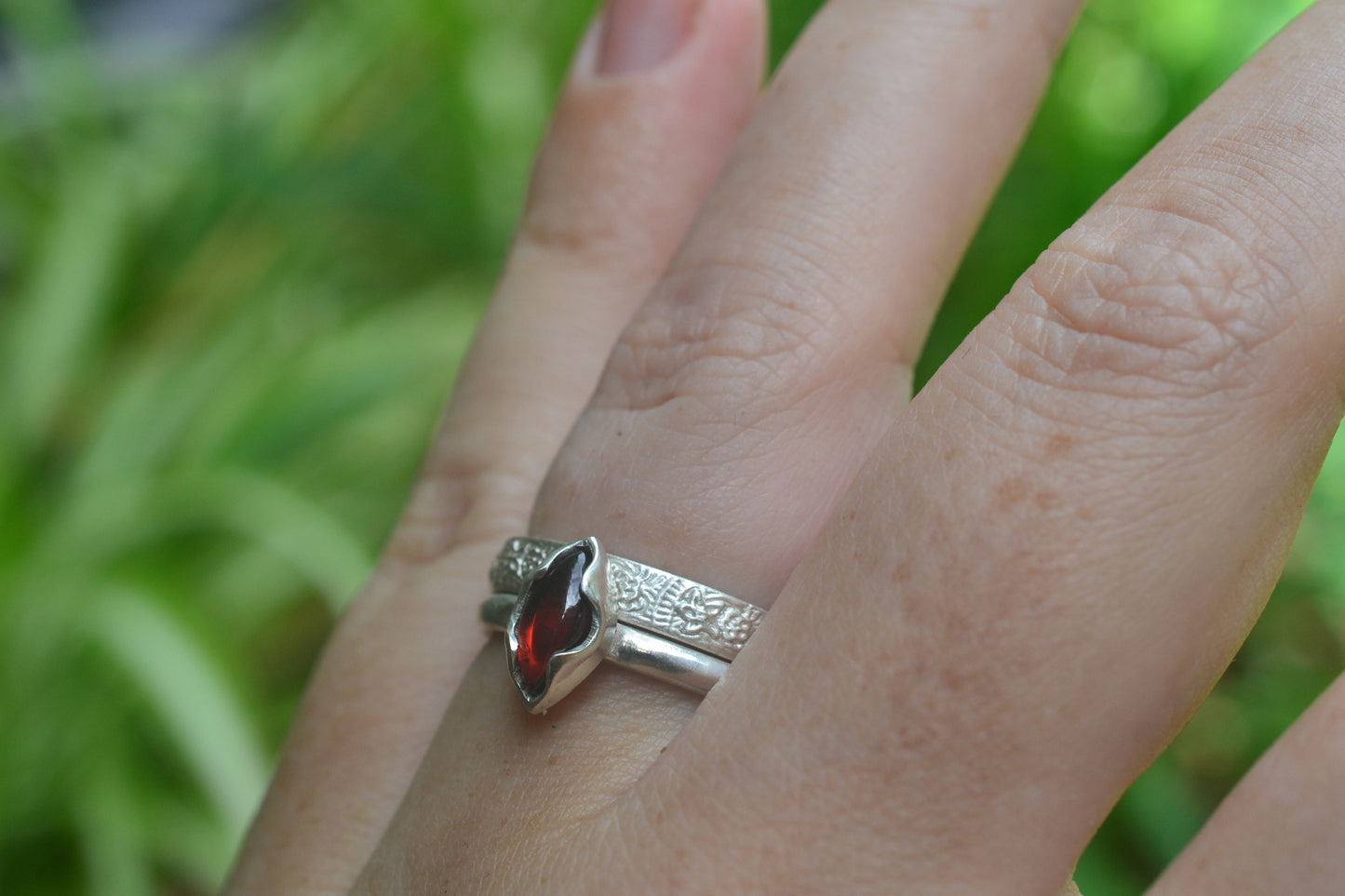 Garnet Flower Stacking Band Set in Sterling