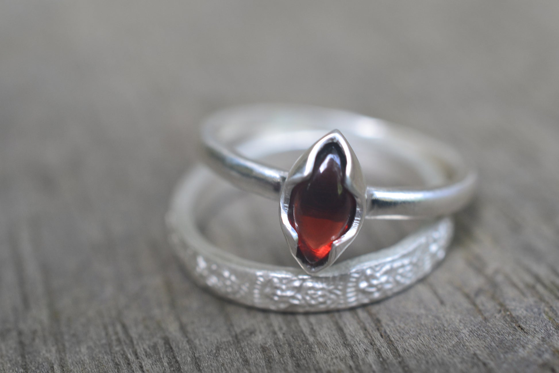 Floral Silver Stacking Ring With Natural Garnet