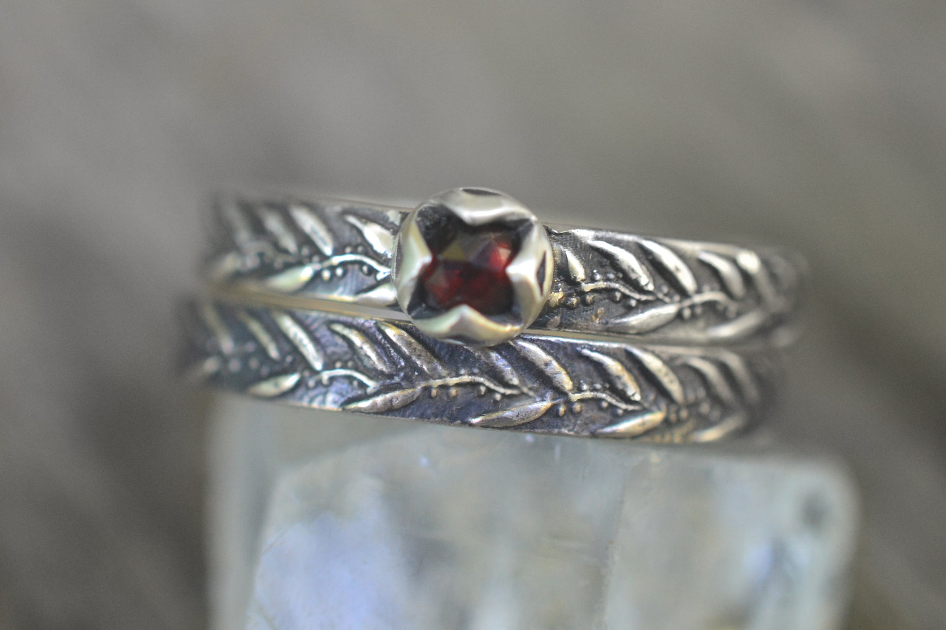 Garnet & Leaf Stack Ring Set in Sterling Silver