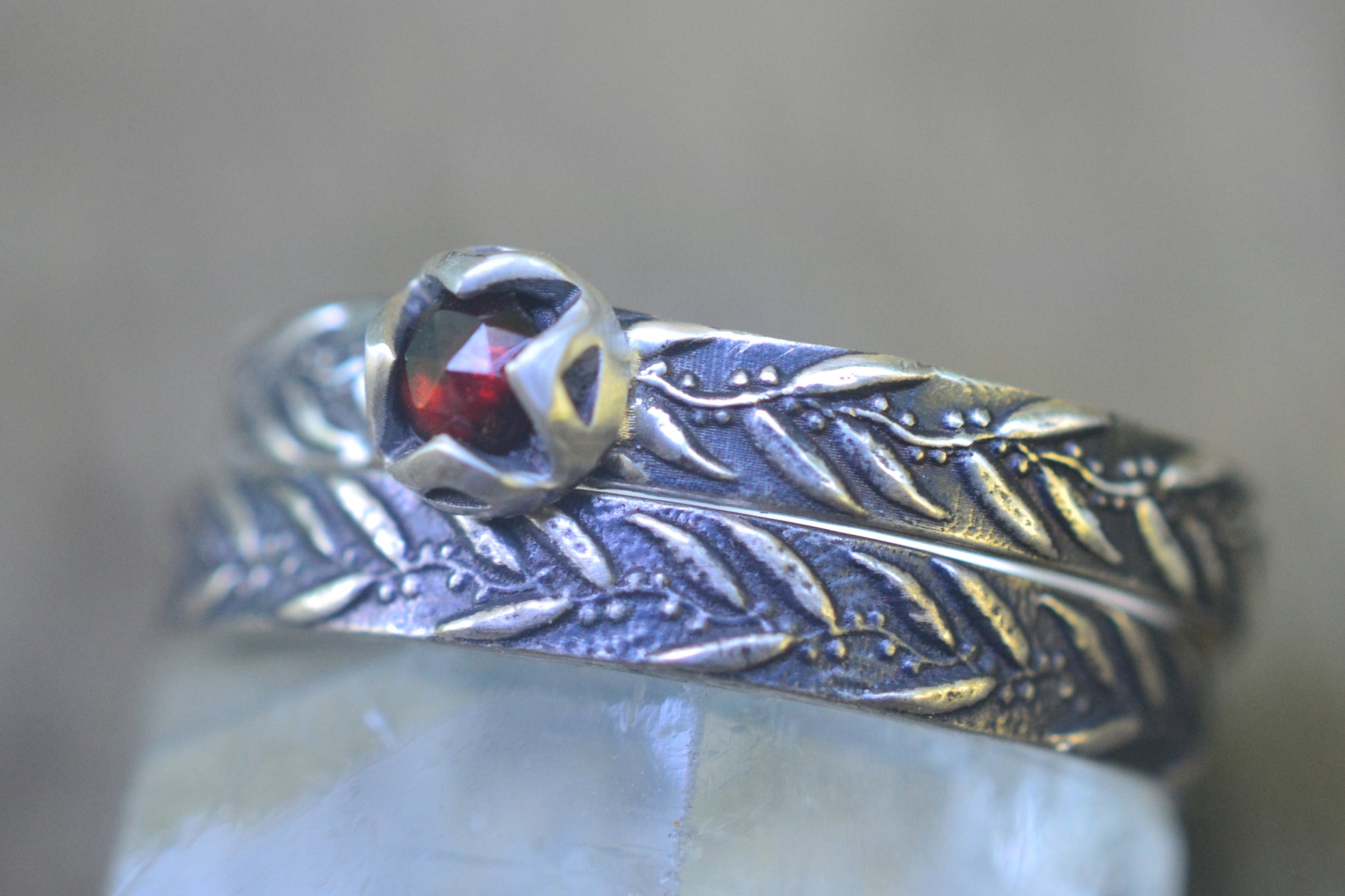Garnet Bezel Engagement Ring Set in Silver