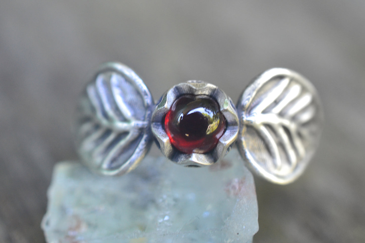 Red Garnet Ring with Silver Leaves