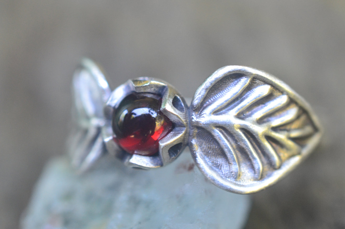 Sterling Silver Rose Leaf & Garnet Ring