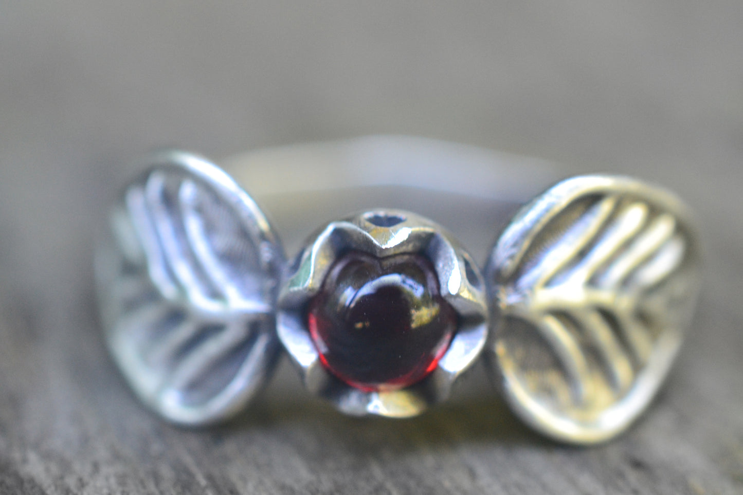 Oxidised Silver Rose Leaf Ring with Garnet
