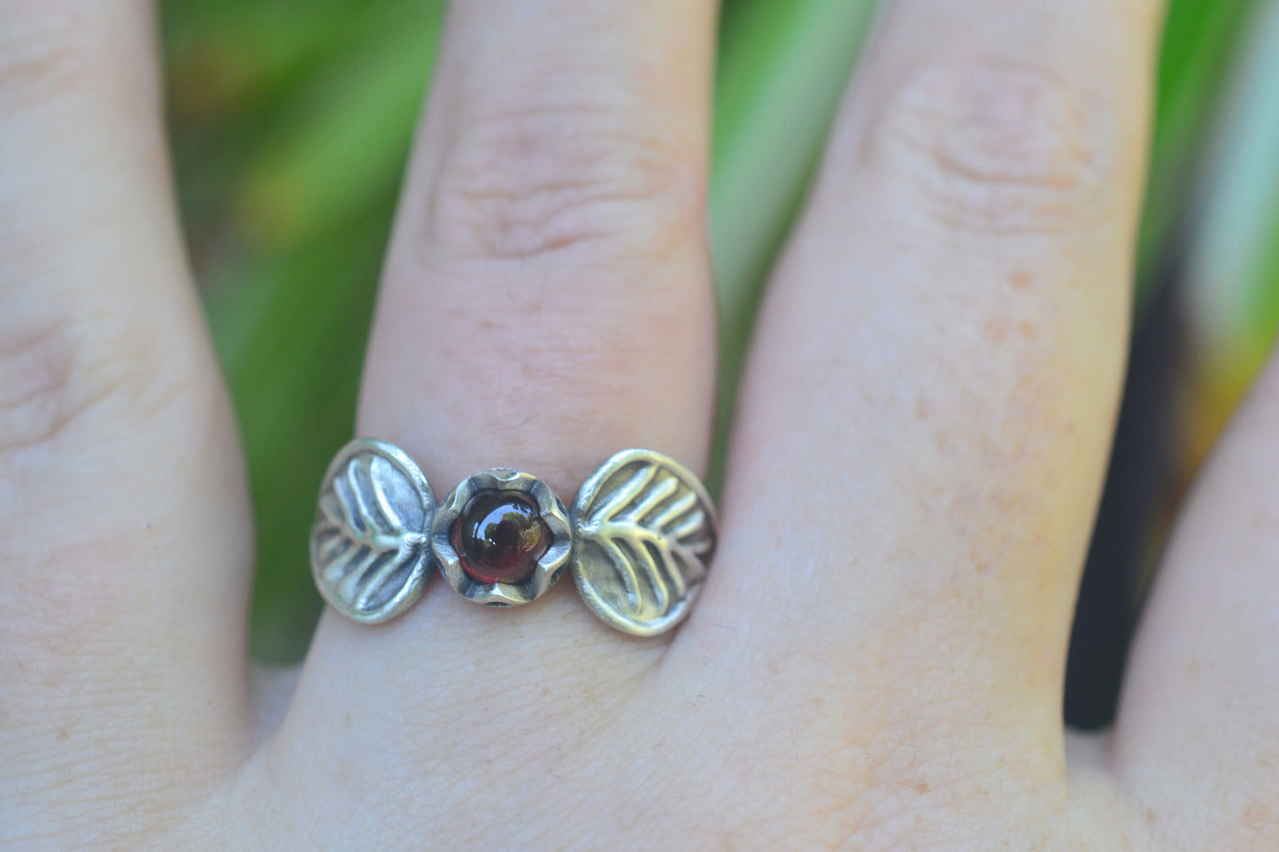 Garnet Cabochon & Silver Leaf Charm Ring