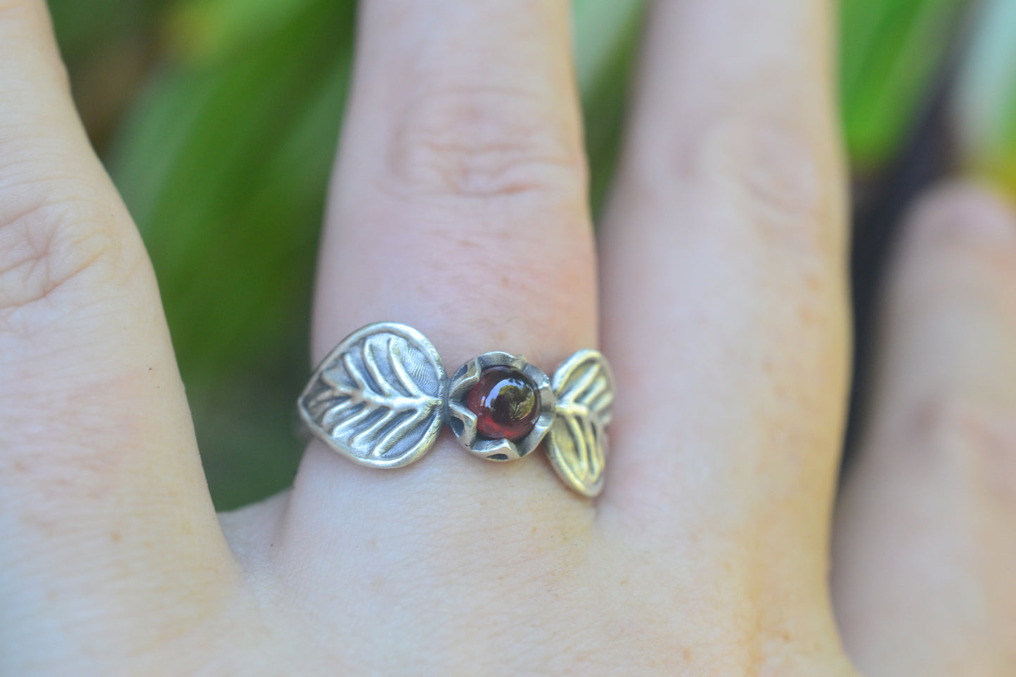 Garnet Berry & Silver Leaf Design Ring