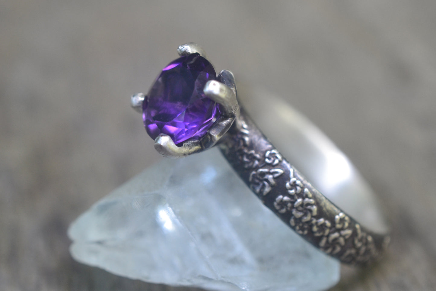 8mm Amethyst Solitaire Ring in Oxidised Silver