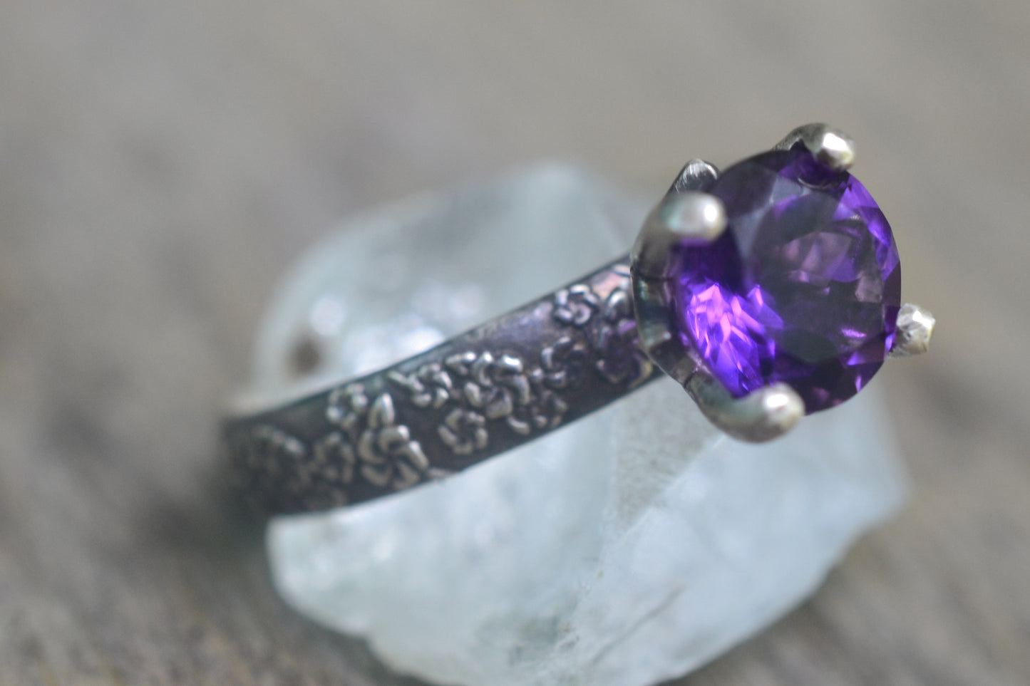 Amethyst Engagement Ring in Floral Silver