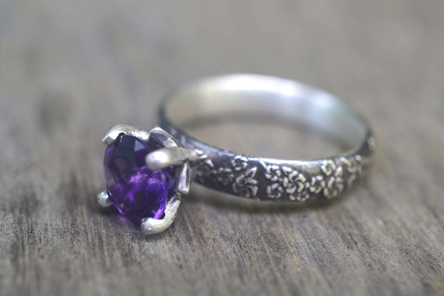 Purple Crystal Ring With Gothic Floral Design