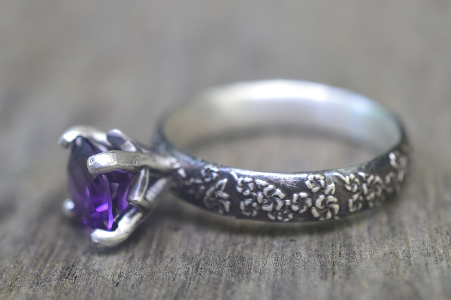 Amethyst Blossom Ring in Oxidised Silver
