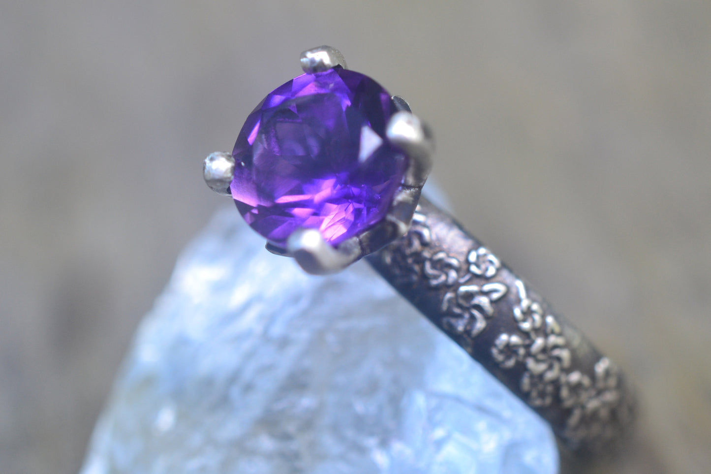 Gothic Cherry Blossom Amethyst Ring in Silver