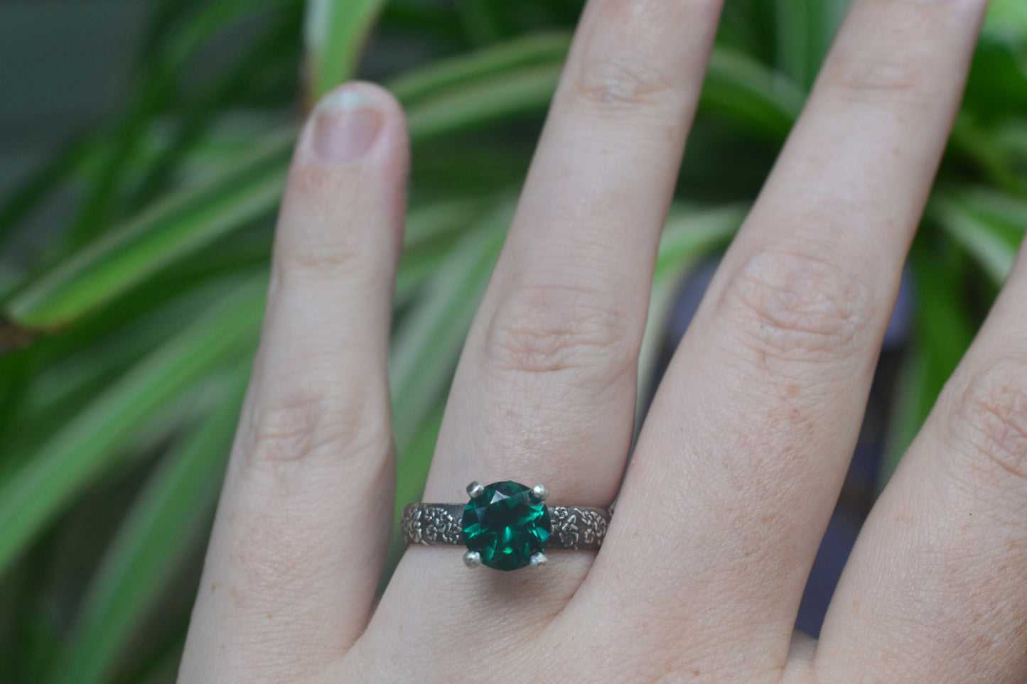Gothic Blossom Emerald Engagement Ring in Silver