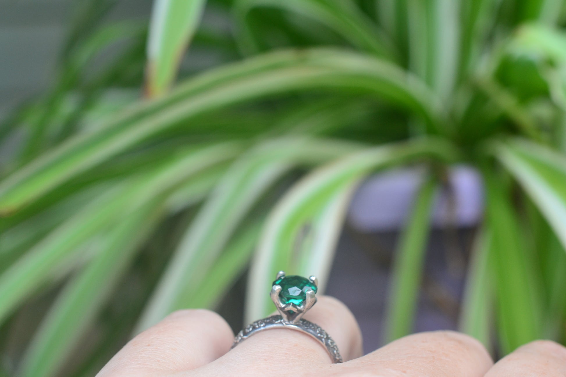 Prong Set Manmade Emerald Engagement Ring