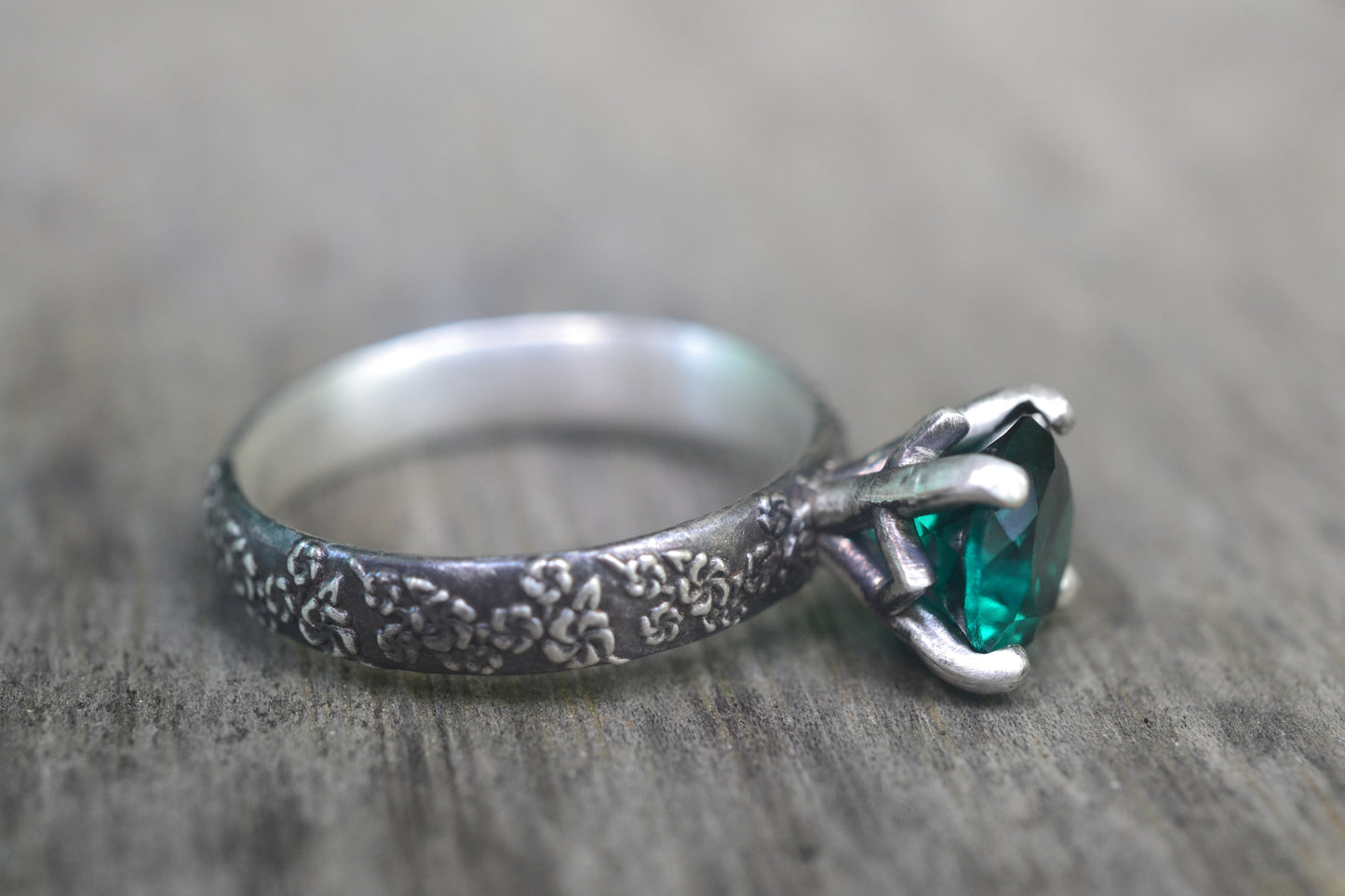 Gothic Emerald Engagement Ring With Floral Design