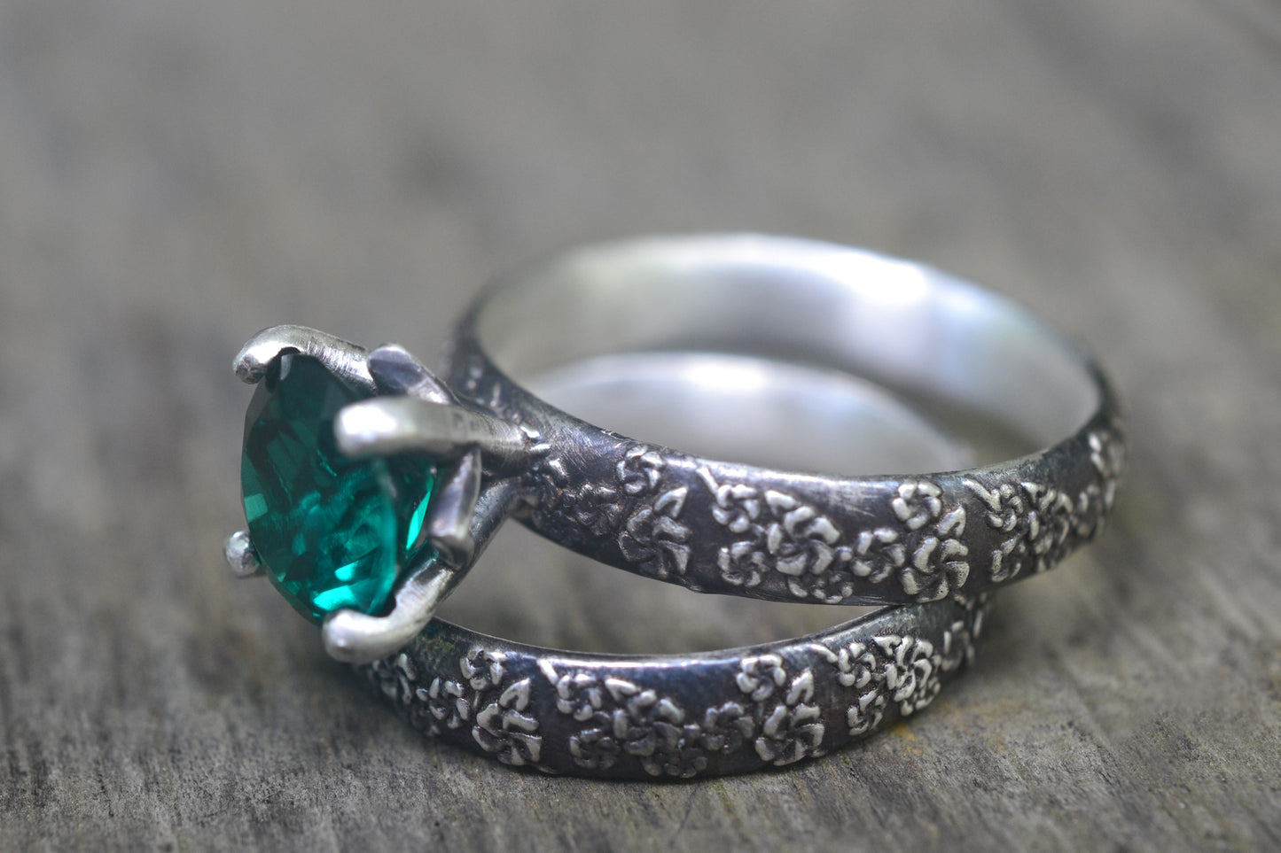 Oxidised Silver Wedding Set With 8mm Emerald