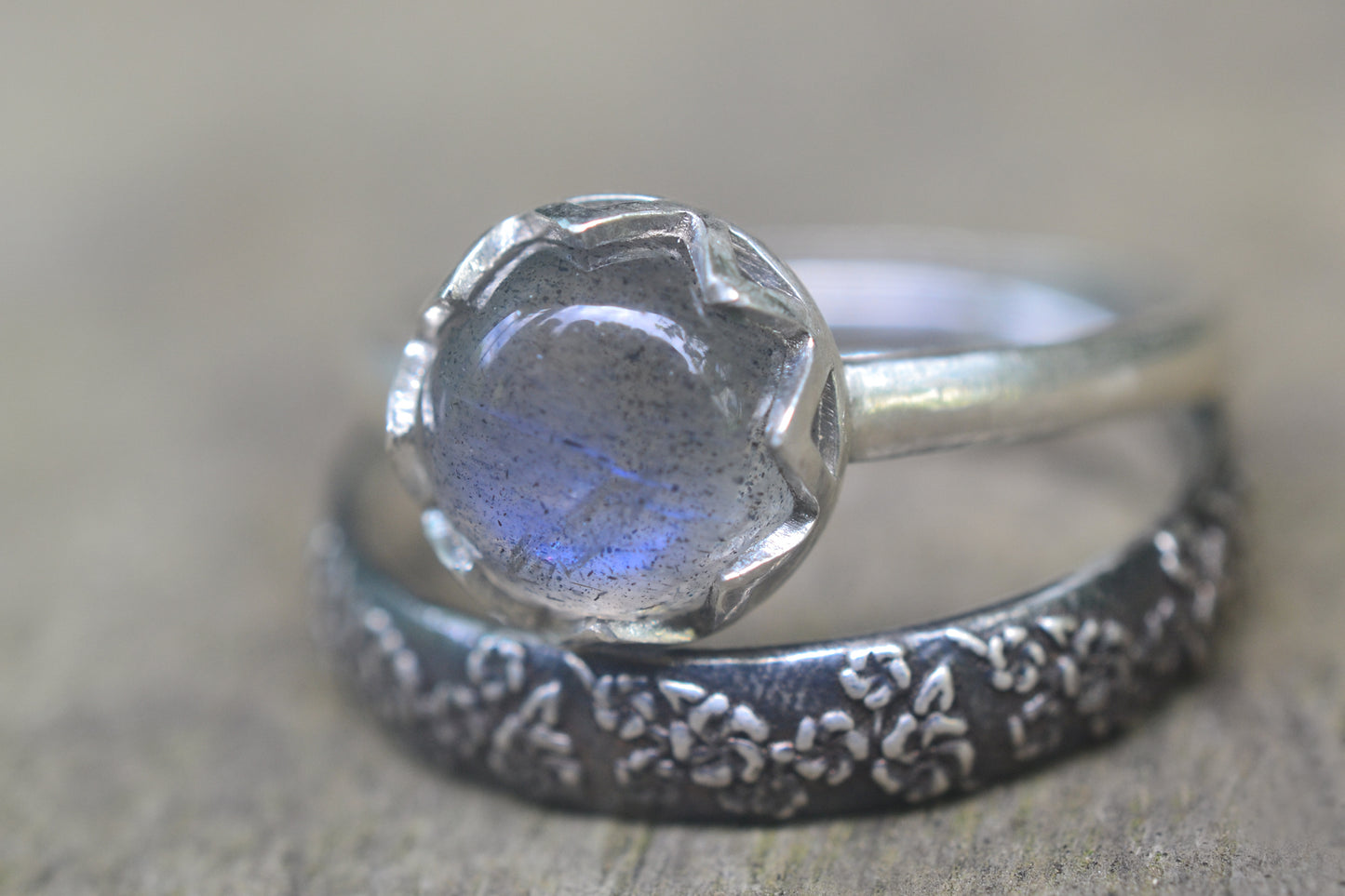 Floral Silver Labradorite Wedding Band Set