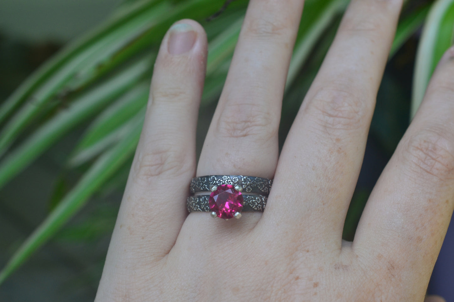 Gothic Ruby Blossom Bridal Ring Set in Silver