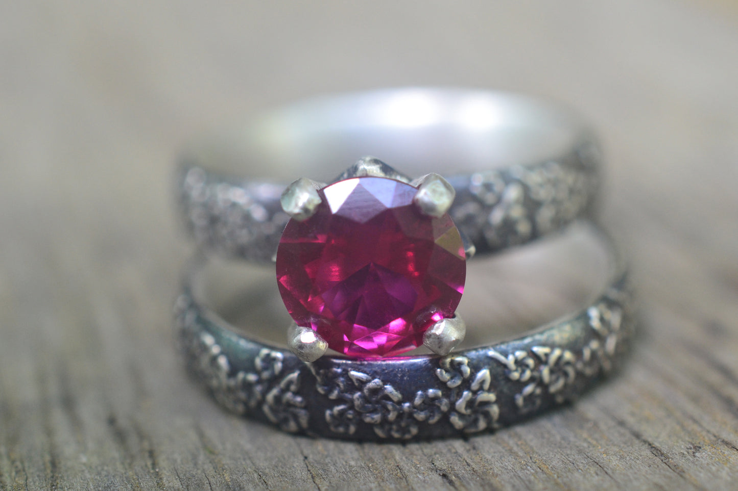 Gothic Blossom Ruby Wedding Band Set in Silver