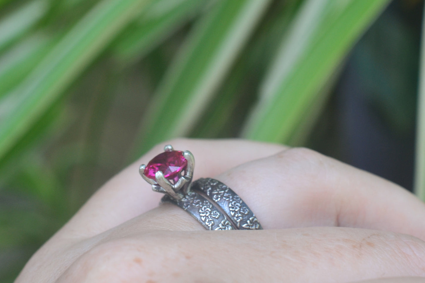 Ruby Blossom Wedding Set in Silver