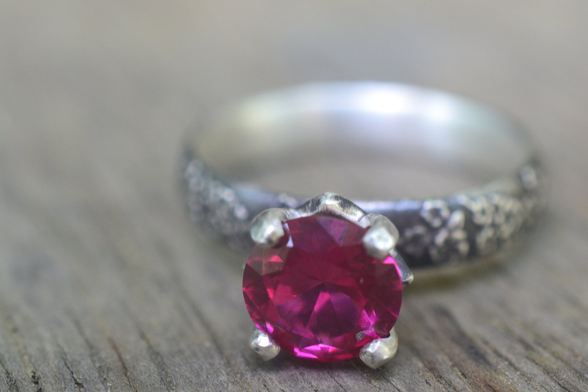 Oxidised Silver Blossom Ring With Lab Created Ruby