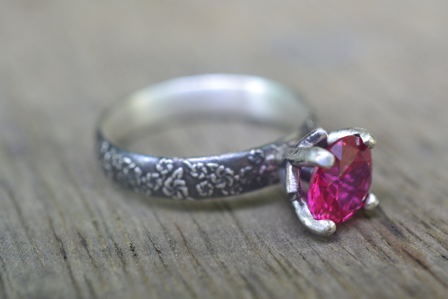 8mm Lab Ruby Solitaire Ring in Oxidised Silver