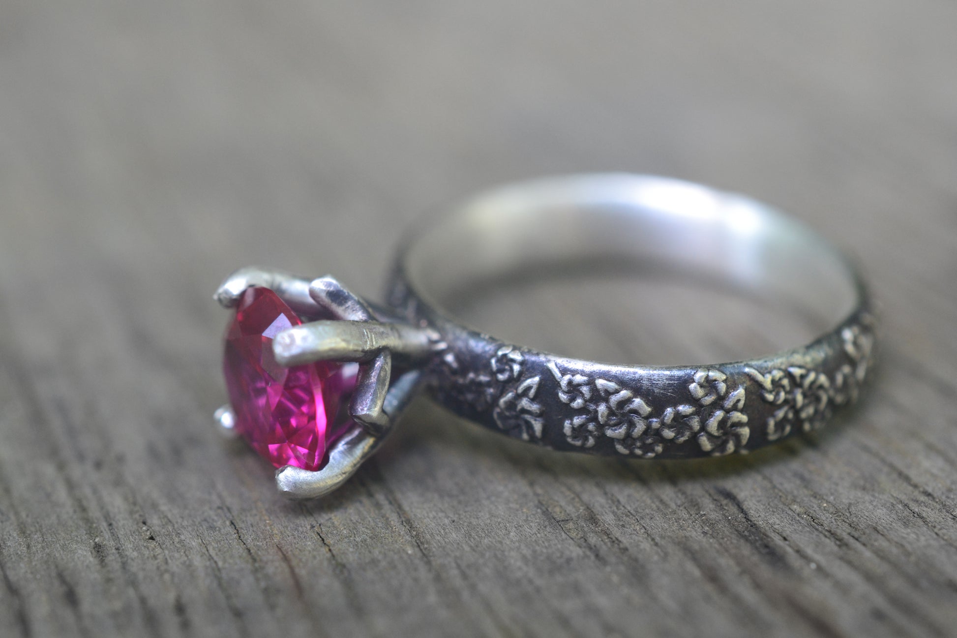 Gothic Ruby Engagement Ring in Oxidised Silver