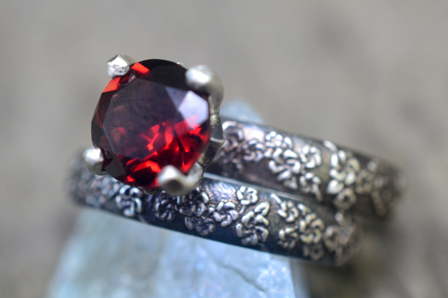 Garnet Blossom Wedding Set in Oxidised Silver