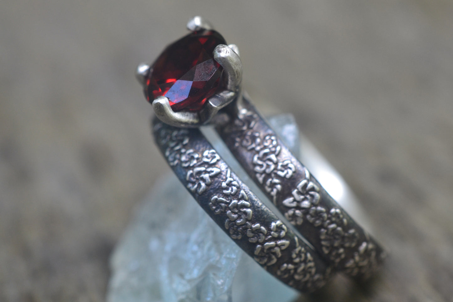 Silver Cherry Blossom Wedding Set With Garnet