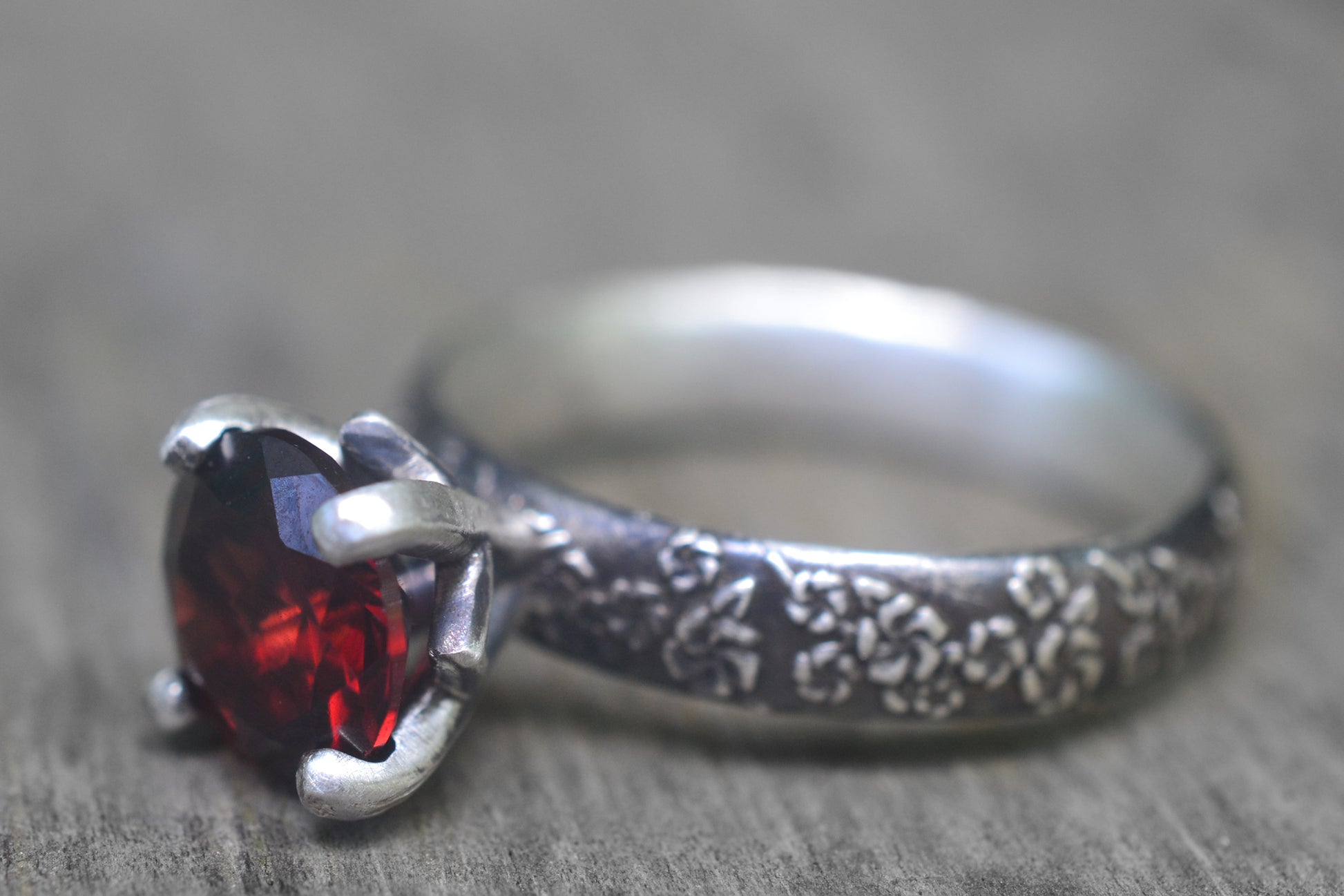 Garnet Engagement Ring in Floral Silver