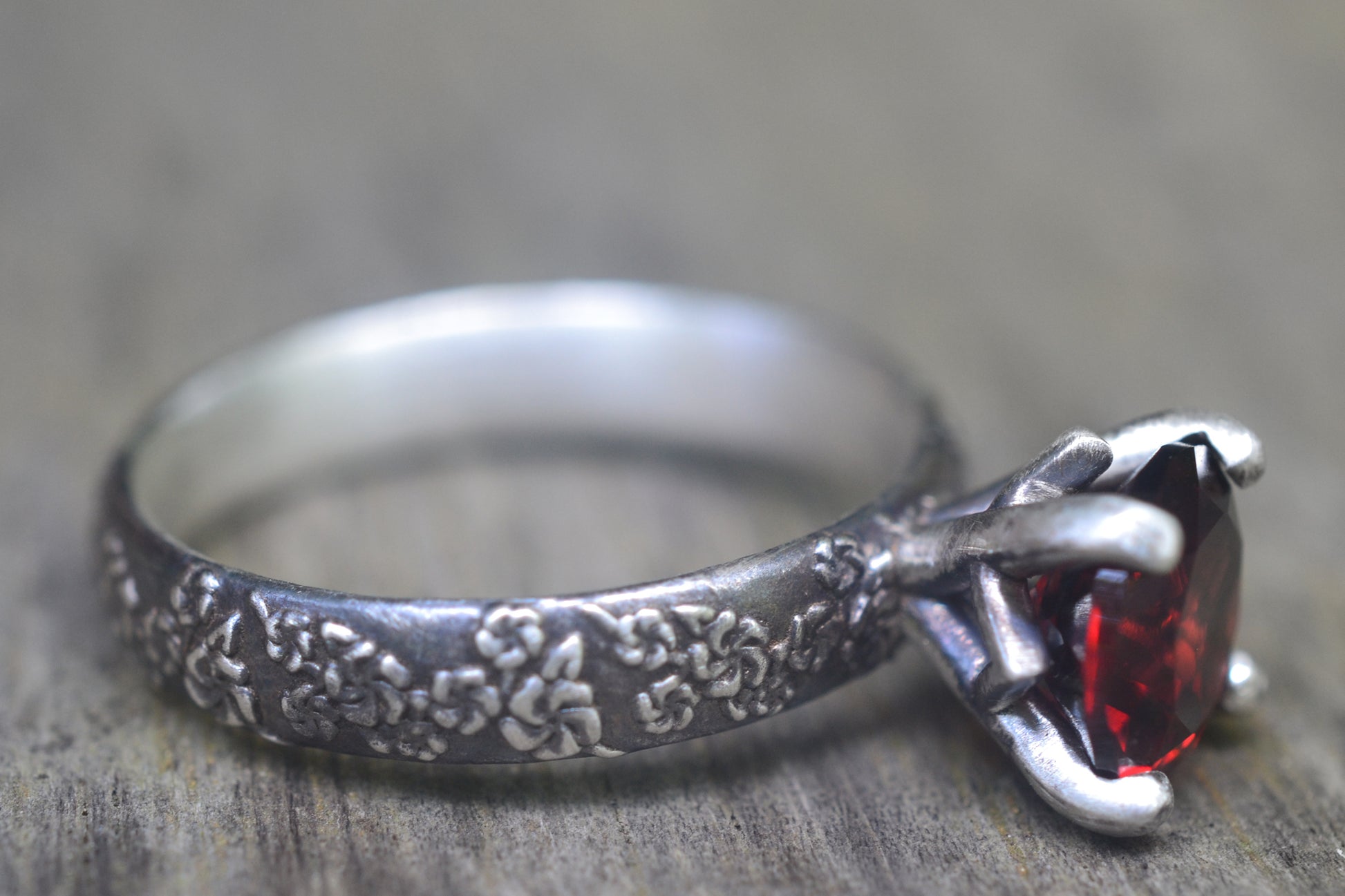 Natural Red Crystal Engagement Ring in Sterling