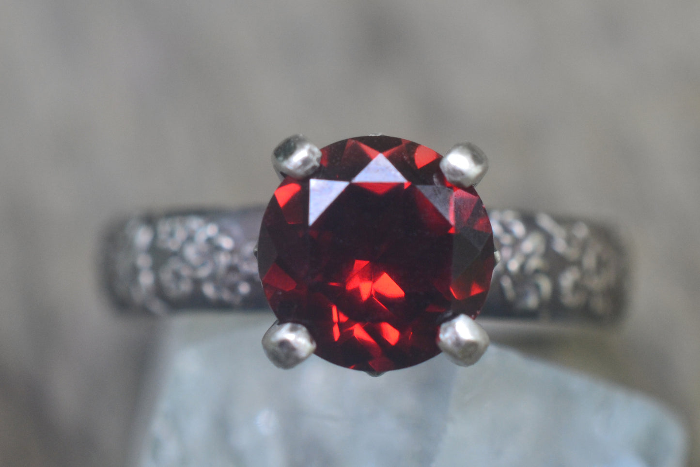 8mm Garnet Solitaire Ring in Oxidised Silver
