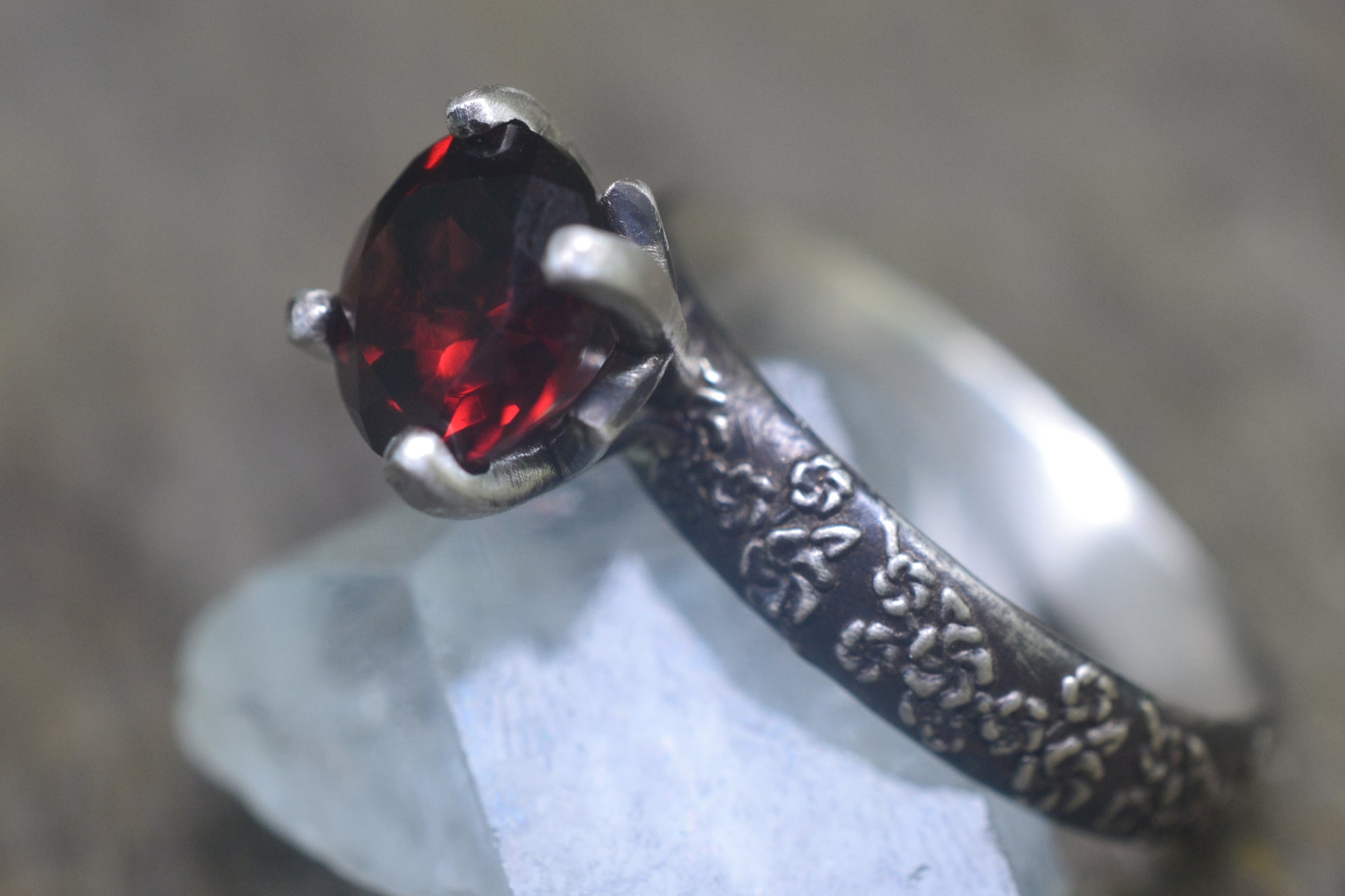 Antiqued Silver Blossom Ring With Red Garnet