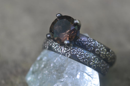 Gothic Cherry Blossom Wedding Set With Smoky Quartz