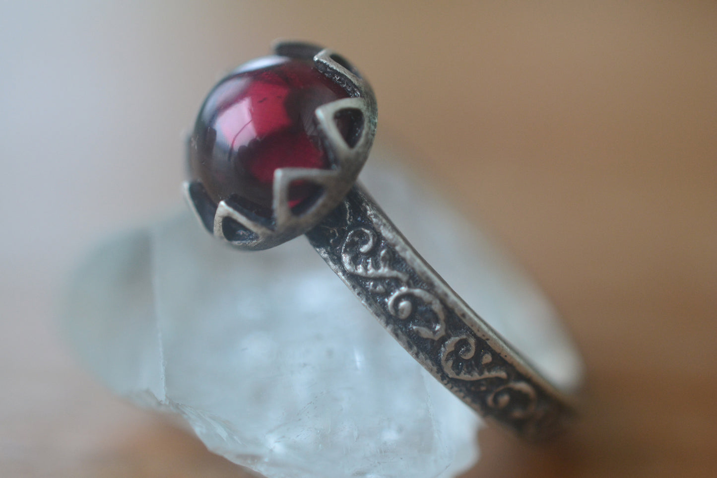 Gothic Oxidised Silver Ring With Garnet Gem