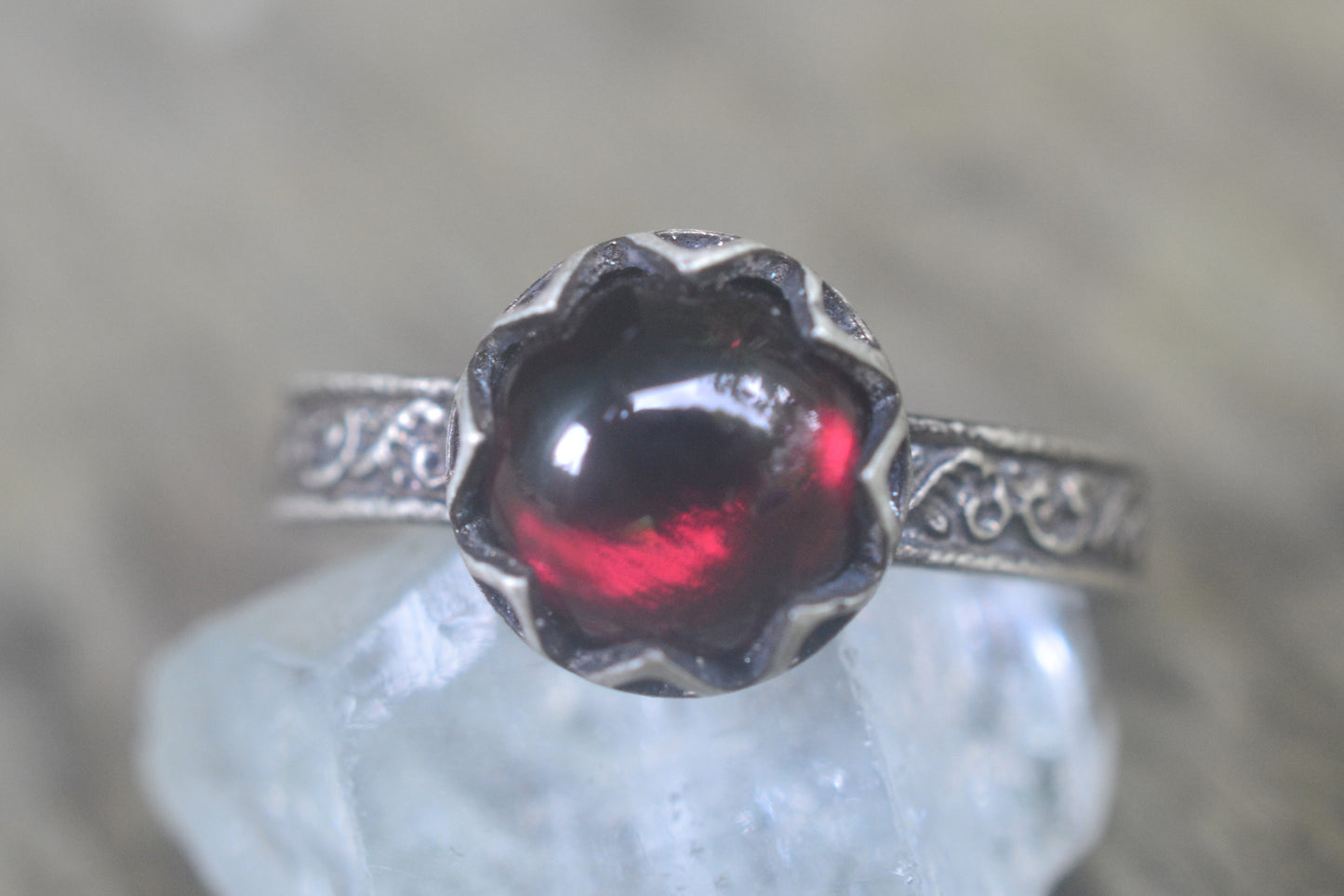 Bezel Set Garnet Cabochon Ring in Silver