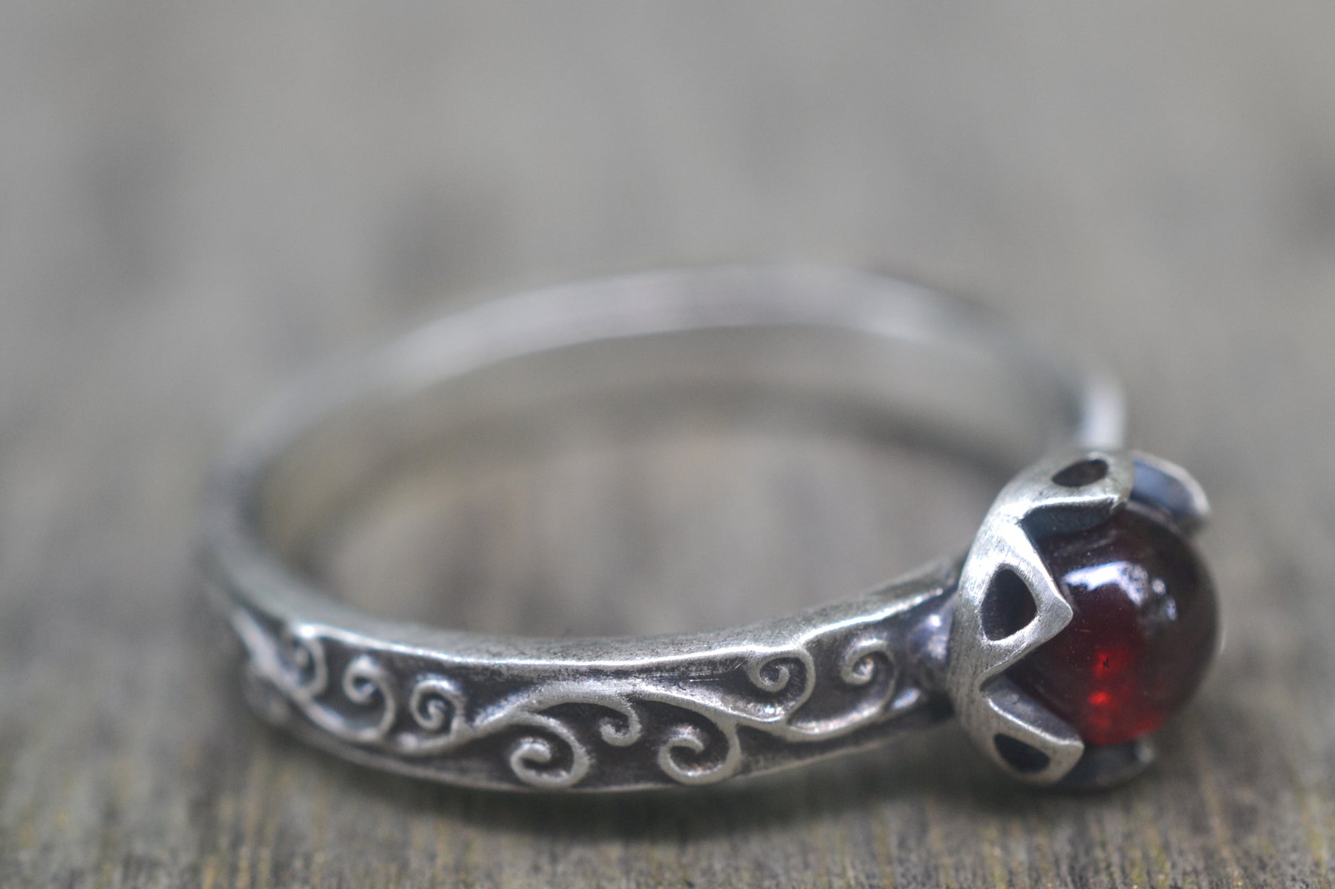 Oxidised Silver Swirl Ring With Natural Red Stone