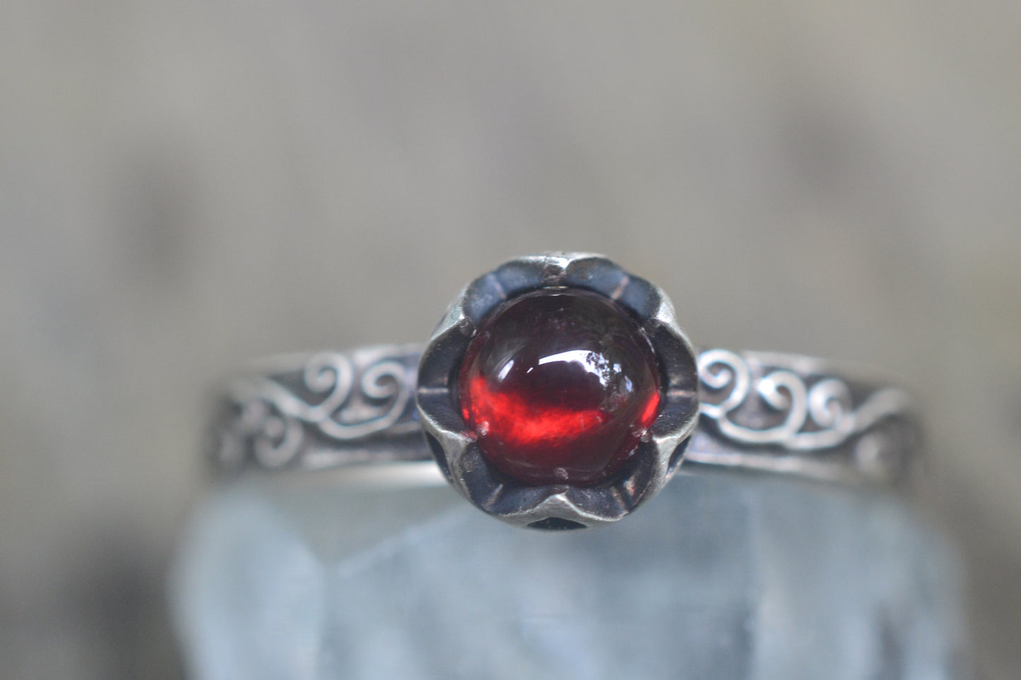 Gothic Garnet Swirl Ring in Antiqued Silver