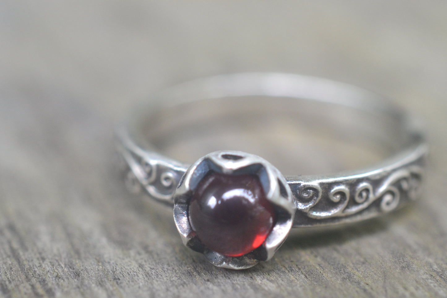 Red Garnet Promise Ring in Oxidised Sterling