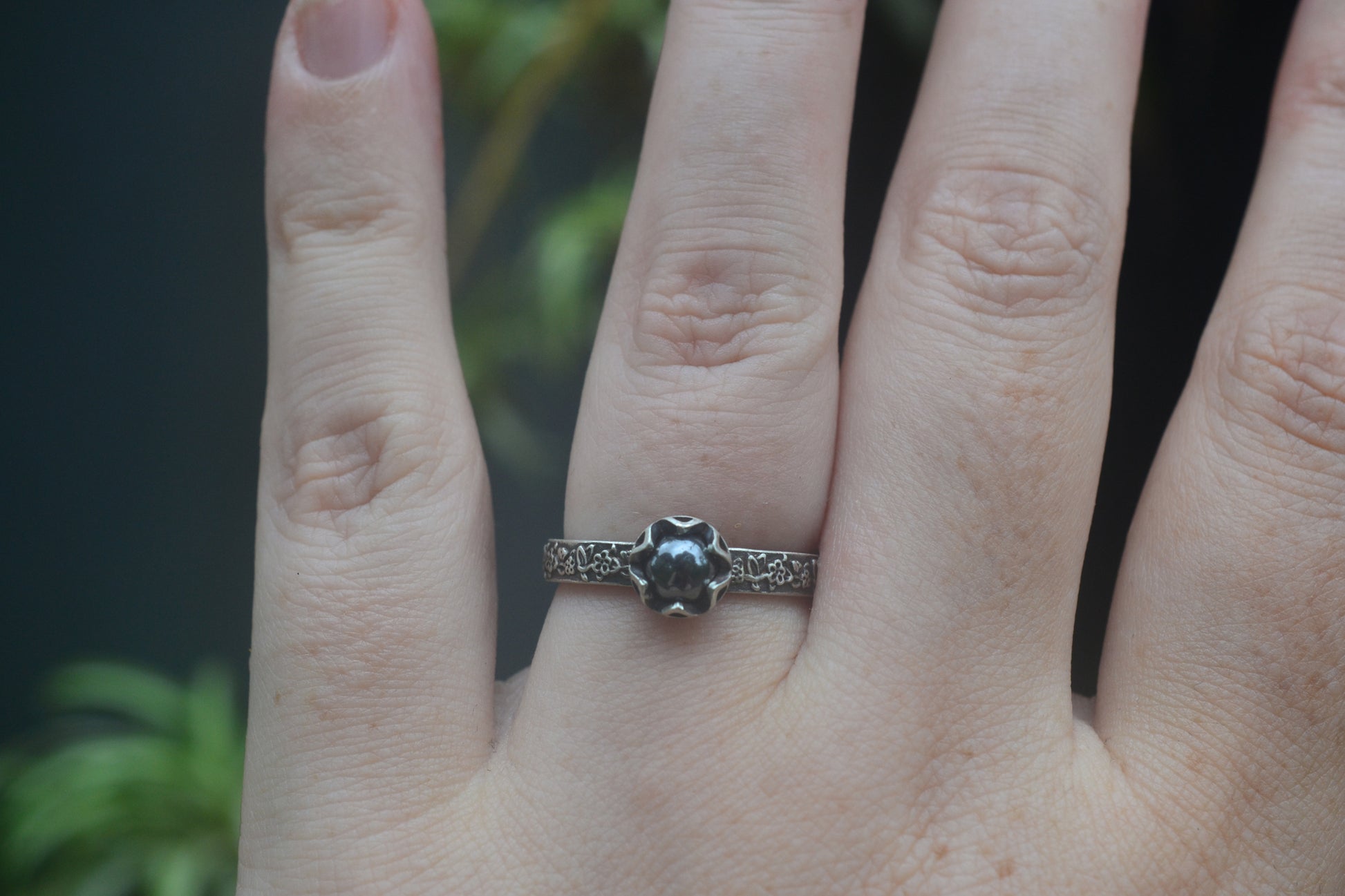 Gothic Black Crystal Ring With Rosebush Pattern