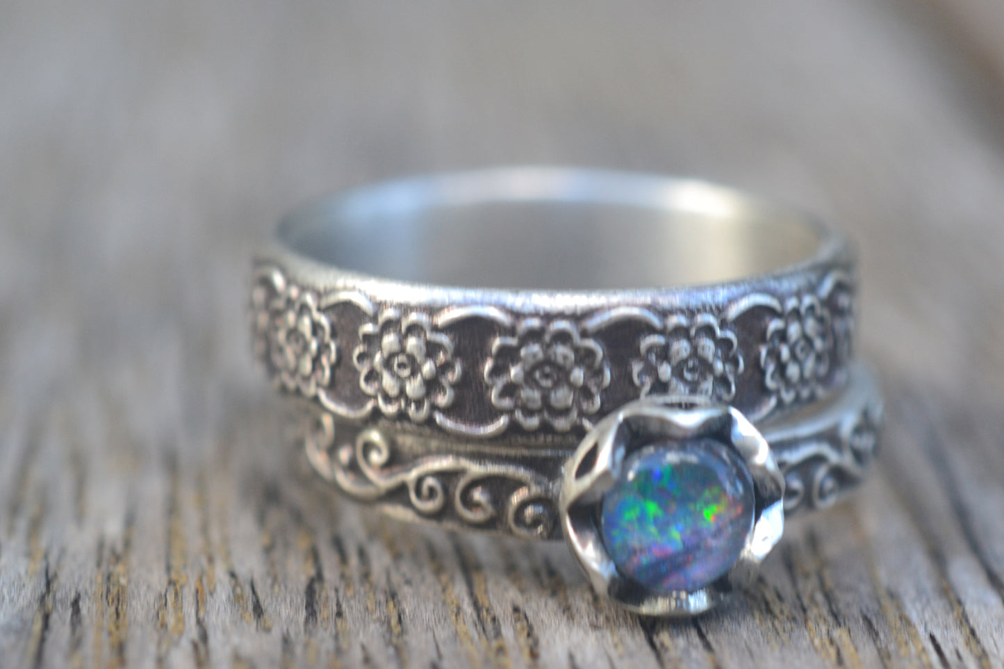 Opal Triplet Wedding Set With Floral Swirl