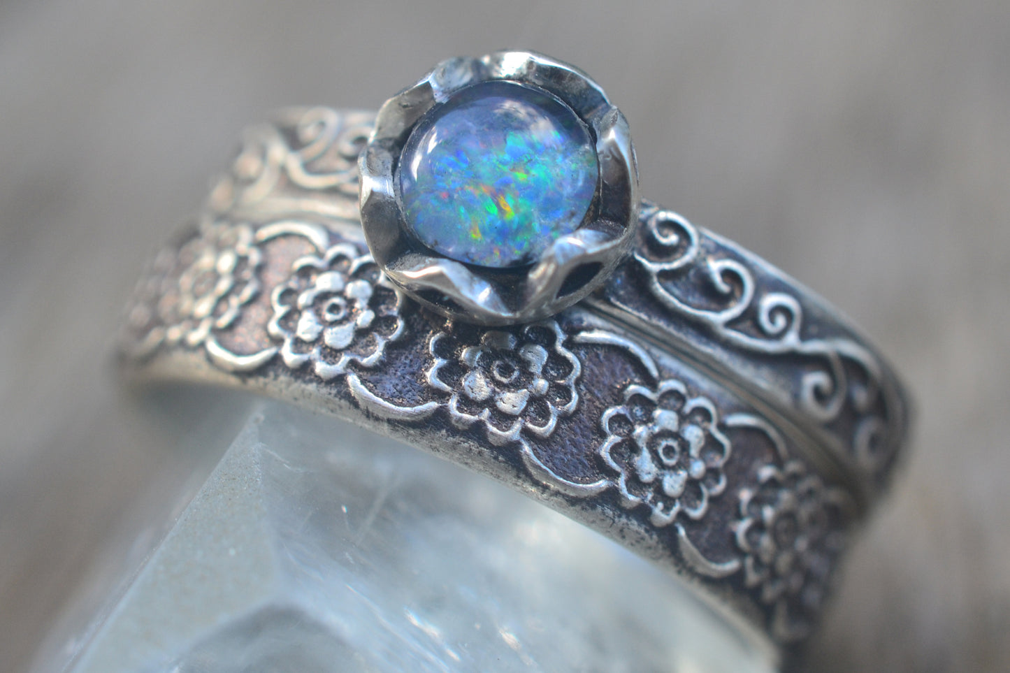 Gothic Opal Bridal Set With Floral Wedding Band