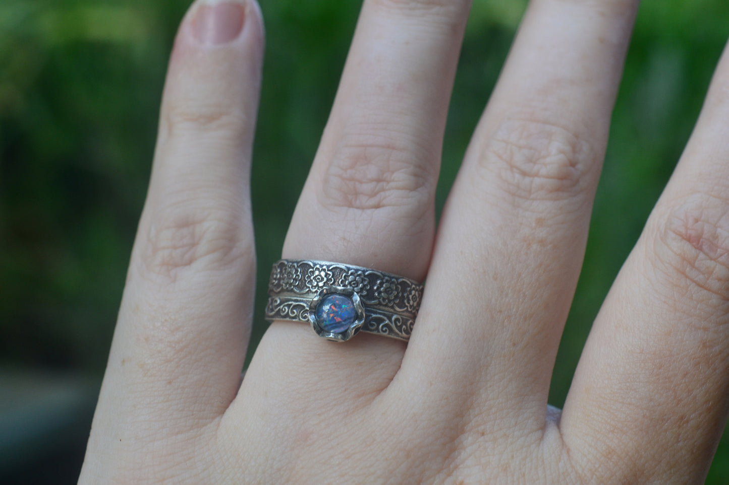 Witchy Opal Bridal Set in Patterned Sterling