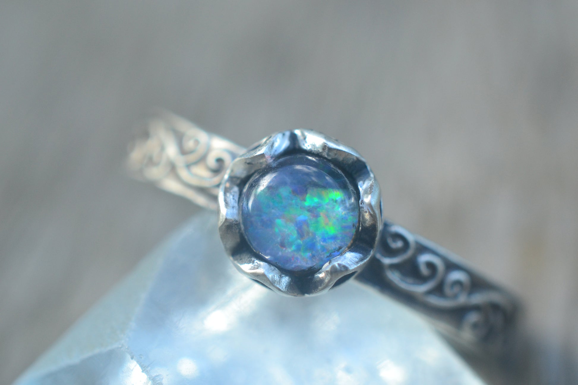 Gothic Opal Promise Ring in Oxidised Silver