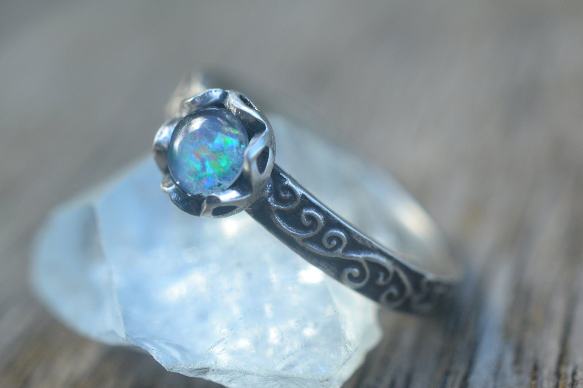 Oxidised Silver Swirl Ring With Blue Green Opal