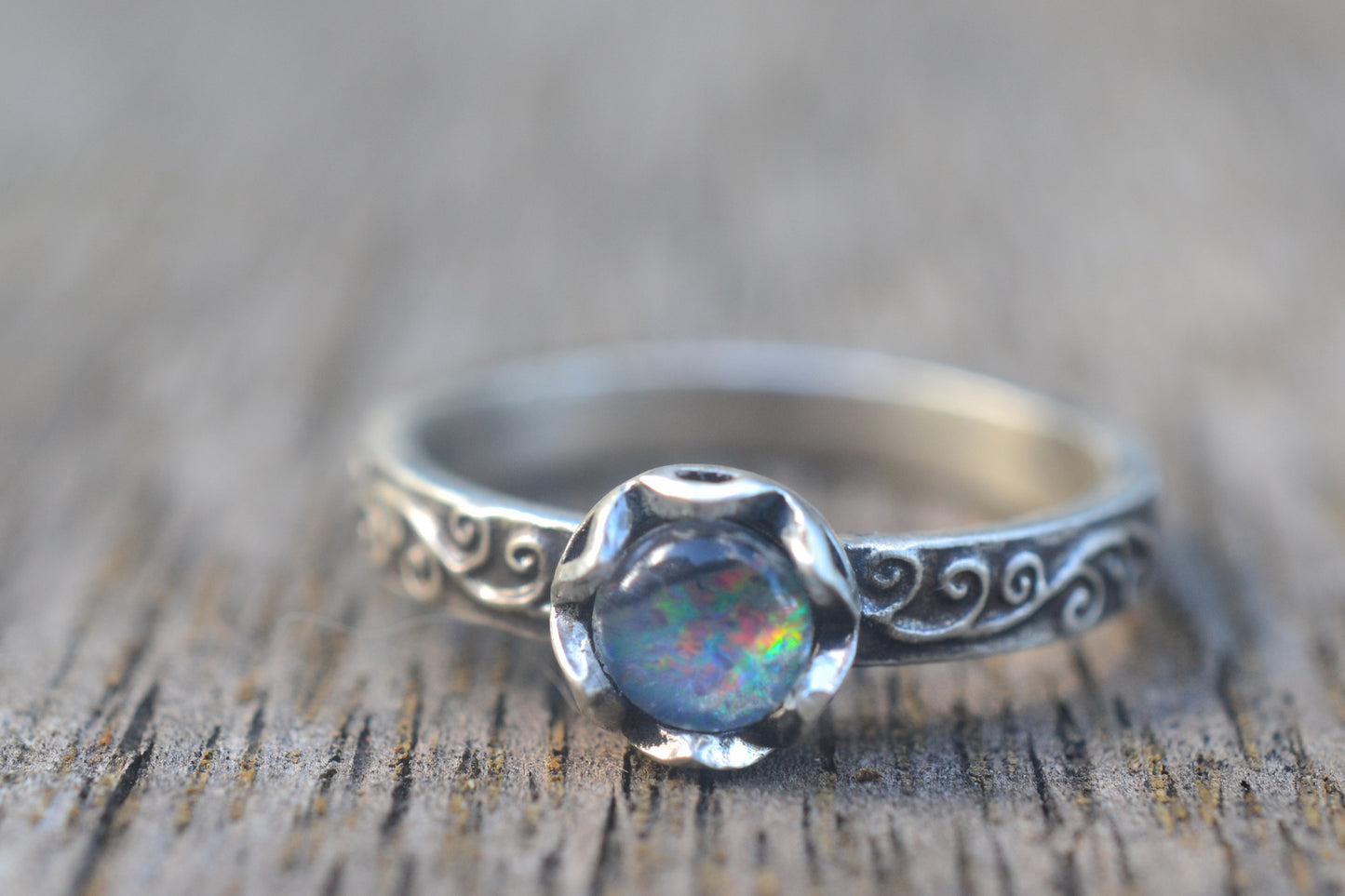 Silver Swirl Poesy Ring With Blue Opal