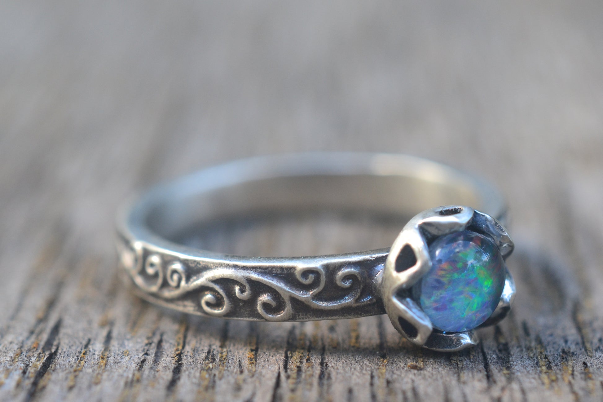 Bezel Set Opal Promise Ring With Swirl Band