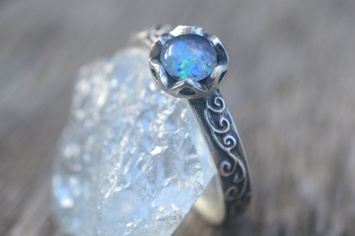 Opal Triplet Ring With Oxidised Swirl Band