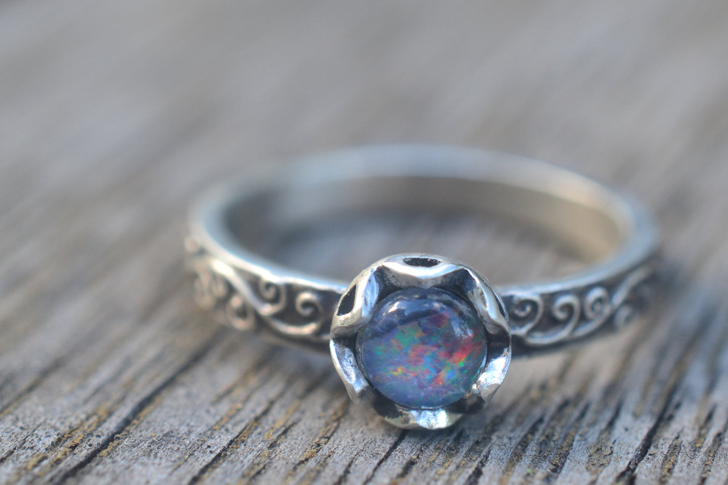 Blue Green Opal Triplet Ring in Silver