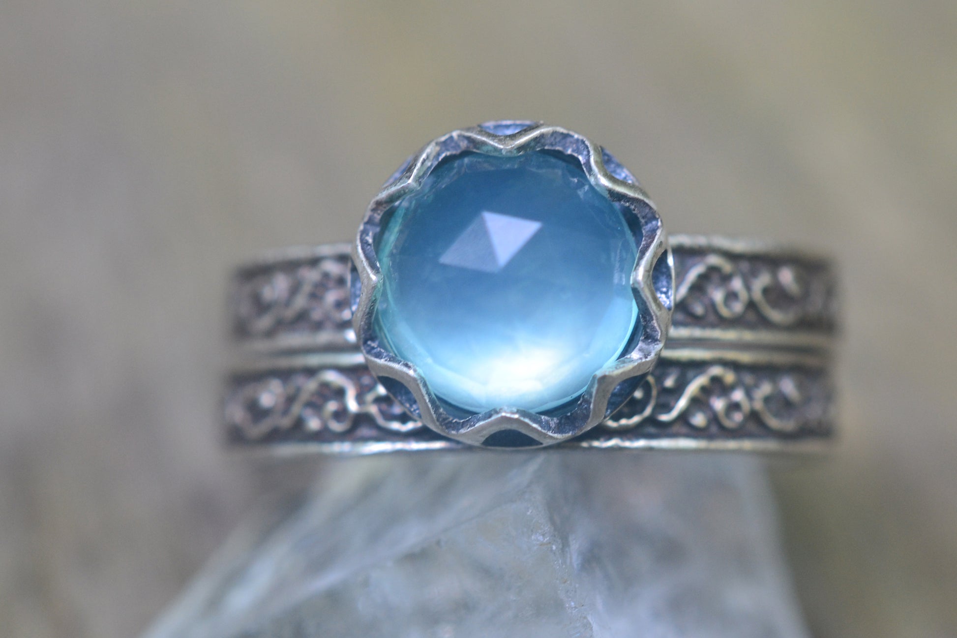 Gothic Peru Blue Opal Bridal Ring Set in Silver